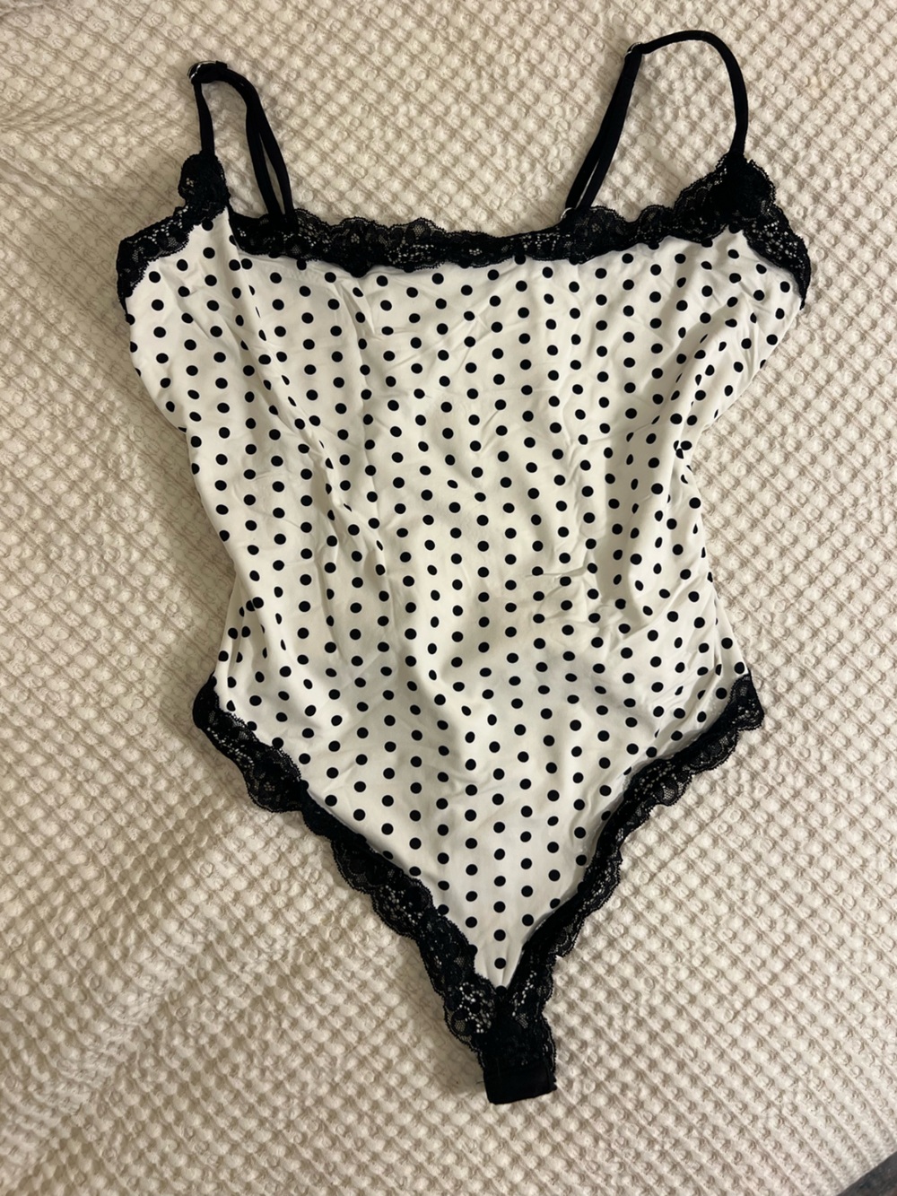 Polka Dot Lace-Trim Bodysuit - White/Black